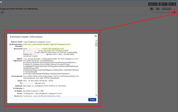 Screenshot of extended email header in mail.com inbox
