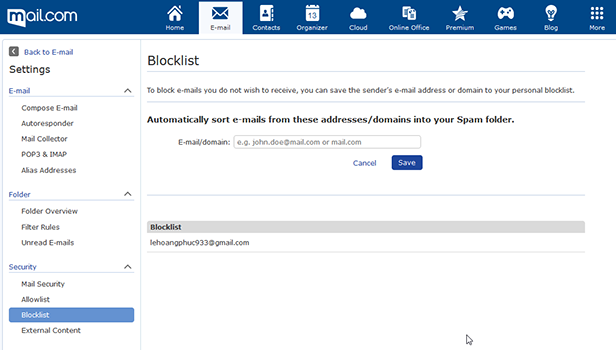 Screenshot of blocklist function in mail.com email settings