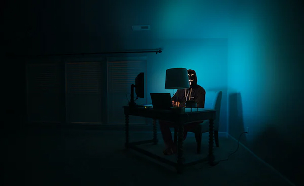 A person sitting at a desk on a computer in a dark room