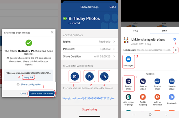 Screenshot of link sharing options on 3 devices