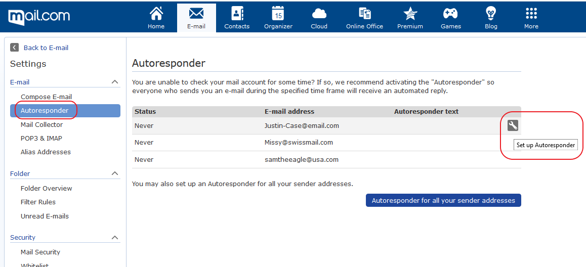 Screenshot of Autoresponder window in mail.com E-mail Settings