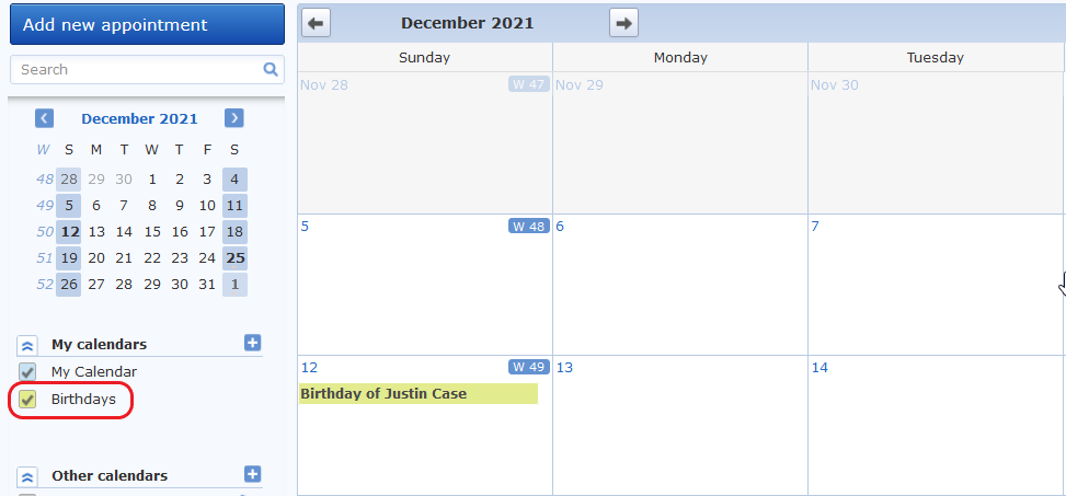 Screenshot of activated birthday calendar mail.com Organizer