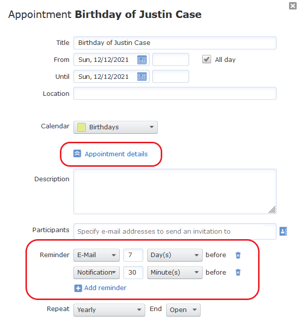 Screenshot of birthday reminder setup in mail.com Organizer