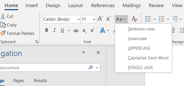Screenshot of toggle case function in MS Word