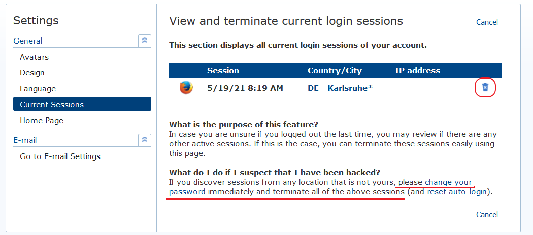 Screenshot of Manage Sessions window in mail.com mailbox