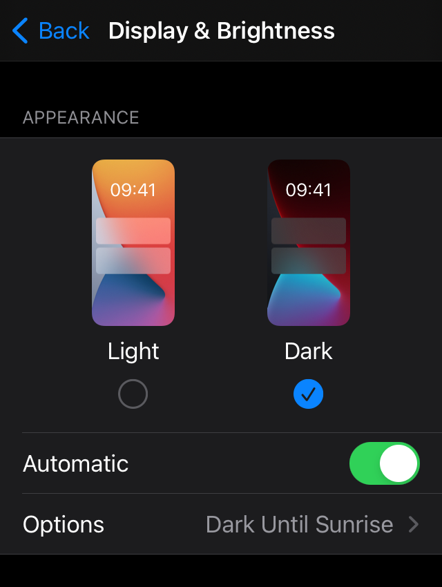 Screenshot showing display and brightness settings on iPhone