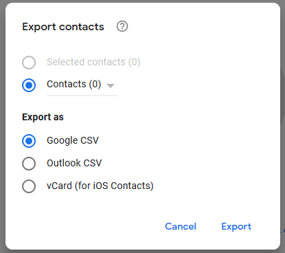 Screenshot of export contacts option in Gmail