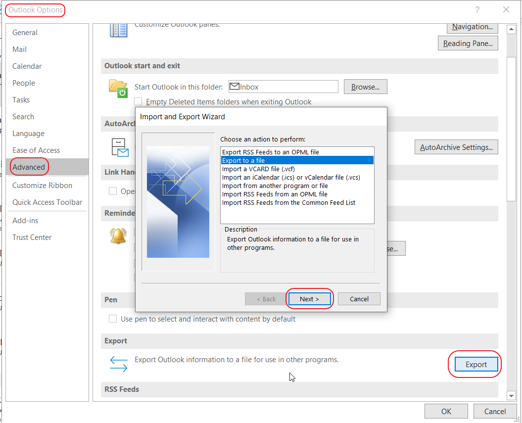 Screenshot of export contacts option in MS Outlook