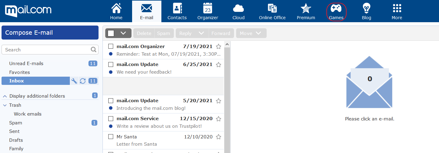 Screenshot of mail.com inbox showing new Games tab in navigation bar