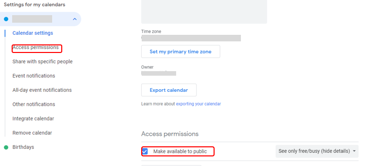 Screenshot of Google calendar settings to make calendar public