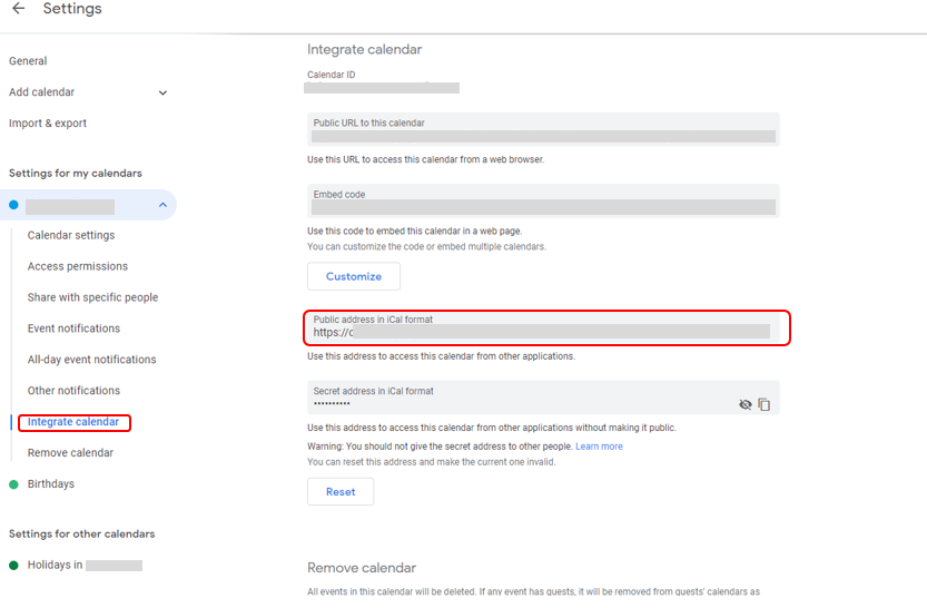 Screenshot of Google calendar settings to obtain URL for integrating calendar