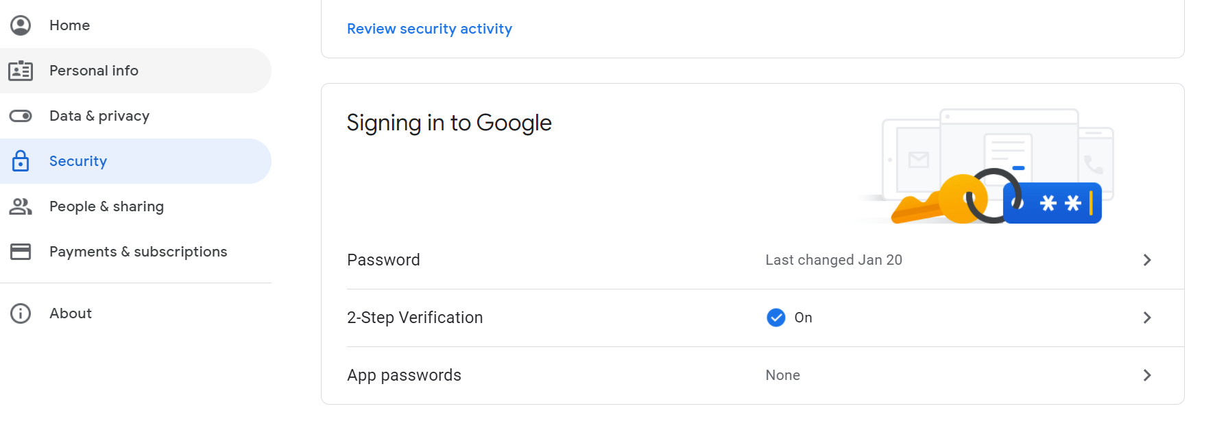 Screenshot of Google email Security settings with 2-step verification turned on