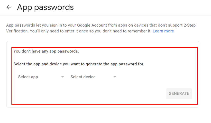 Screenshot of Google App passwords menu