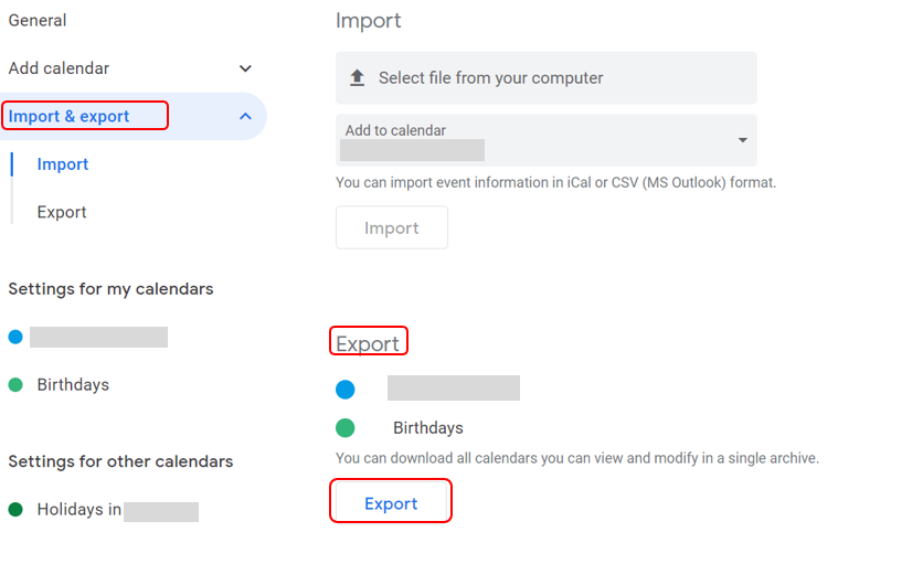 Screenshot of export calendar function in Google