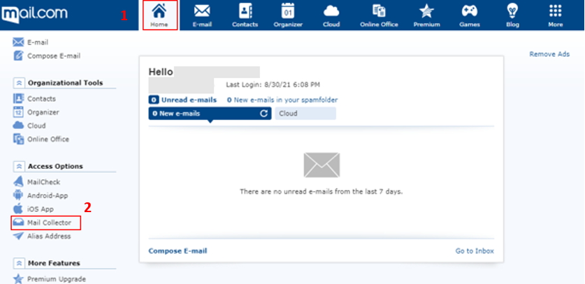 Screenshot of mail.com account home page with Mail Collector circled