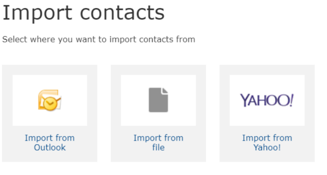 Screenshot of three options for importing contacts in mail.com account