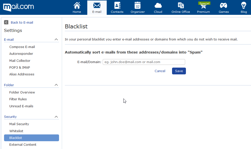 Screenshot of blacklist function in mail.com email settings