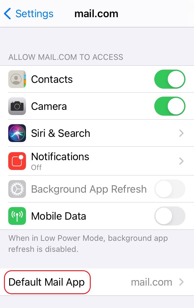 Screenshot of mail.com app settings on iPhone