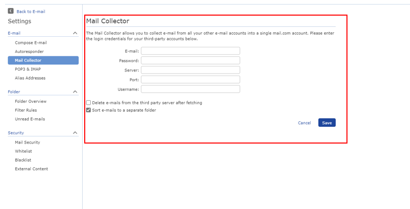 Screenshot of Mail Collector login information for third-party accounts