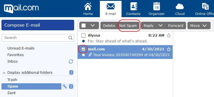 Screenshot of mail.com spam folder with option of marking email as “Not Spam”  image: 