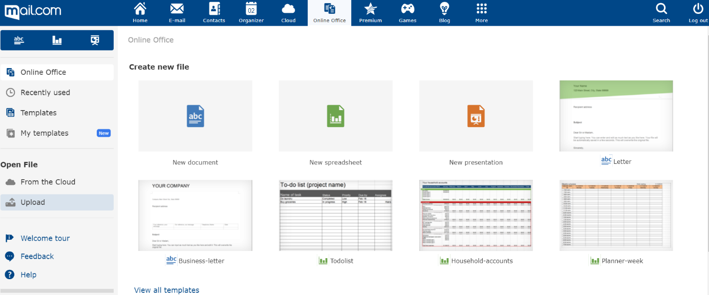 Screenshot of templates in mail.com Online Office