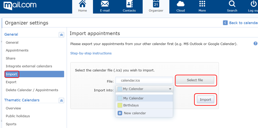 Screenshot of Import appointments function in mail.com Organizer
