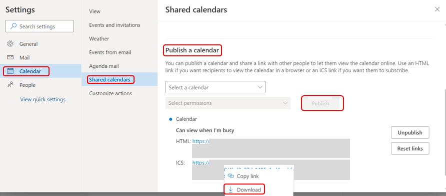 Screenshot of export calendar function in Outlook