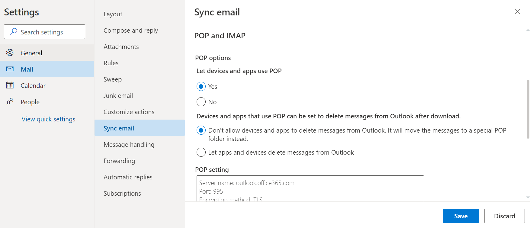 Screenshot of Outlook Sync email menu