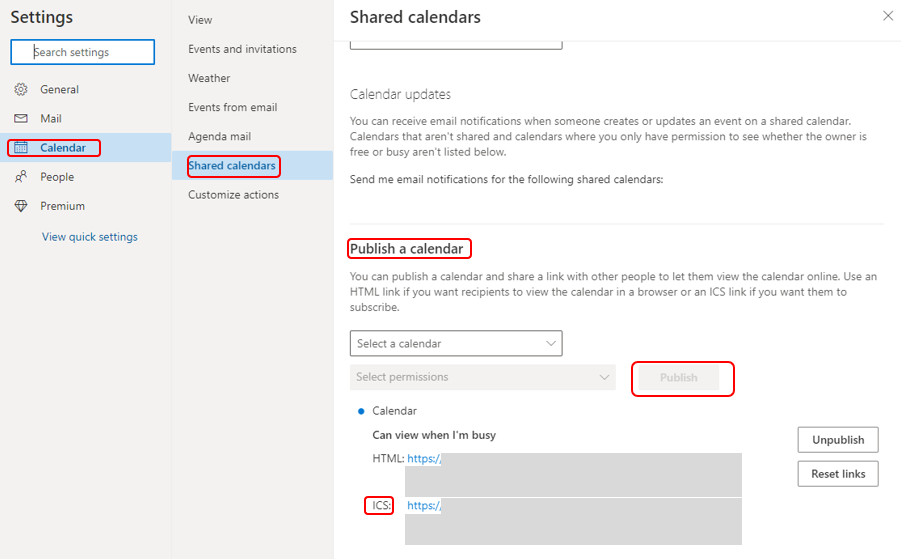 Screenshot of Outlook calendar settings for publishing a calendar