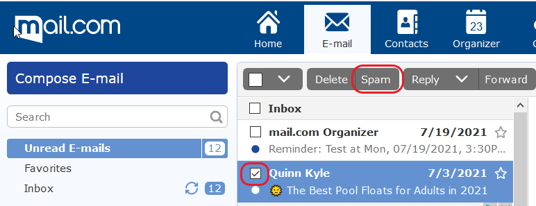 Screenshot of mail.com inbox with spam button circled