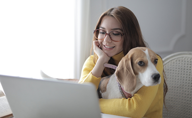 Woman holds beagle on lap while looking at laptop