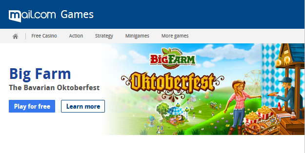 Screenshot of mail.com Games page showing Big Farm Oktoberfest