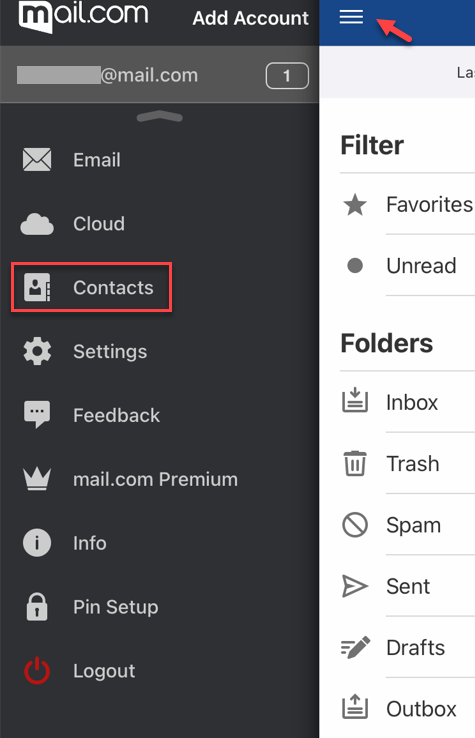 Screenshot of mail.com contacts