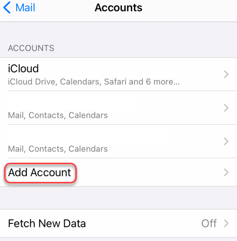 Screenshot of Add Account options in iPhone