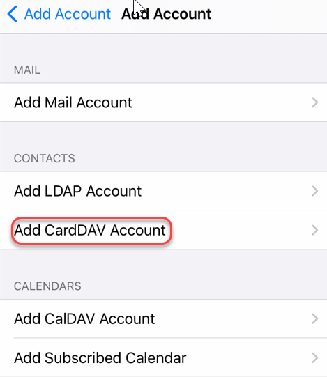 Screenshot of adding CardDAV