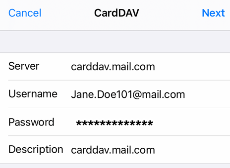 Screenshot of input for CardDAV
