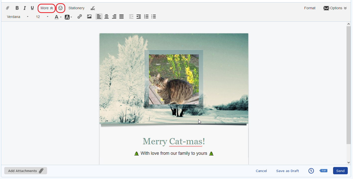 Screenshot of “Winter” stationery with photo and text added