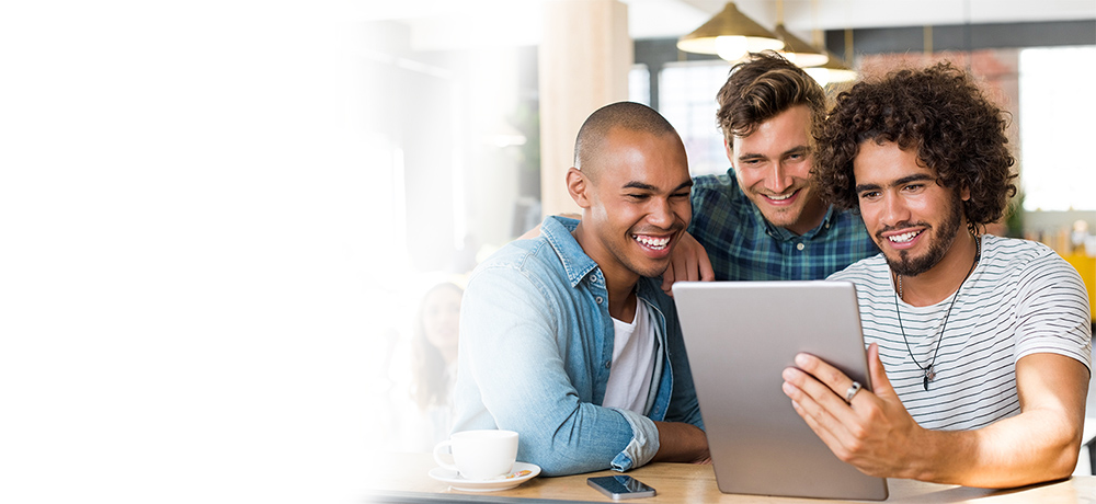 friends men with tablet drinking coffee