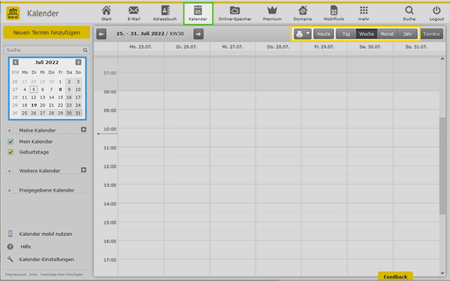 Durch Klick auf das Kalender-Symbol (grün markiert) gelangen Sie im Postfach in Ihren Kalender. Wählen Sie danach Ihre gewünschte Ansicht.
