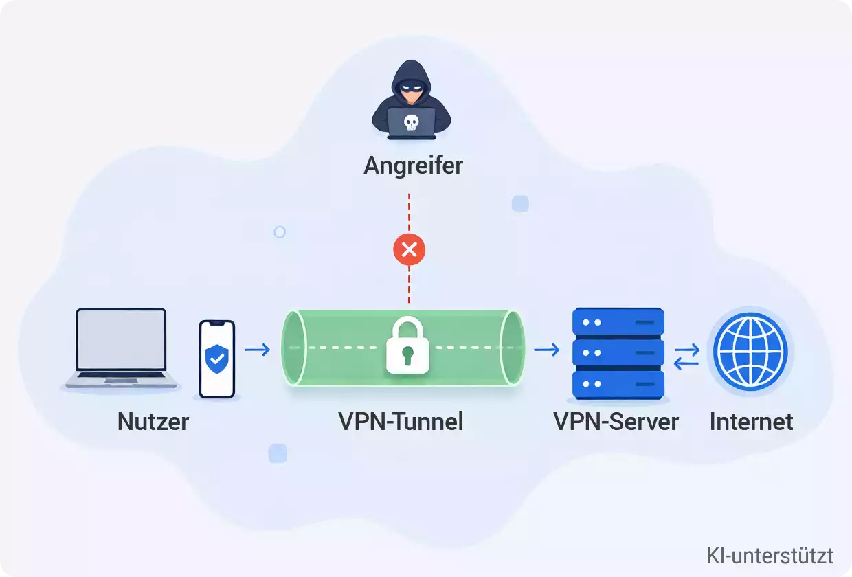 Grafik eines VPN-Tunnels: Ein Nutzer verbindet sich über einen verschlüsselten VPN-Tunnel mit einem VPN-Server und anschließend mit dem Internet. Ein als Angreifer dargestellter Hacker wird durch ein rotes X am Zugriff auf die Verbindung gehindert.
