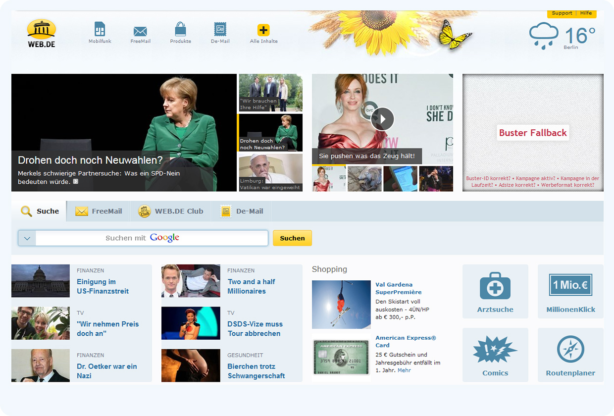 Foto der WEB.DE Homepage von 2013 mit aktuellen Nachrichten. Groß in der Nachrichtenvorschau: ein Beitrag über Kanzlerin Merkel