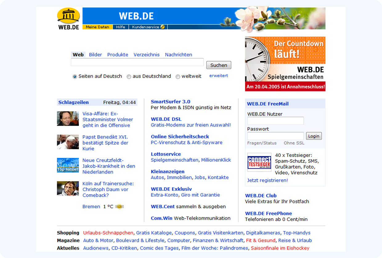 Die WEB.DE Homepage im Jahr 2005