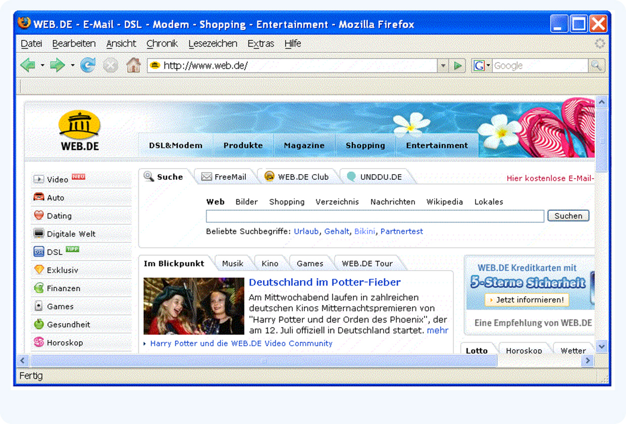 Bildschirmfoto von WEB.DE im Jahr 2007: in der Bildmitte ein Nachrichtentext über den Kinostart vom "Orden des Phönix“