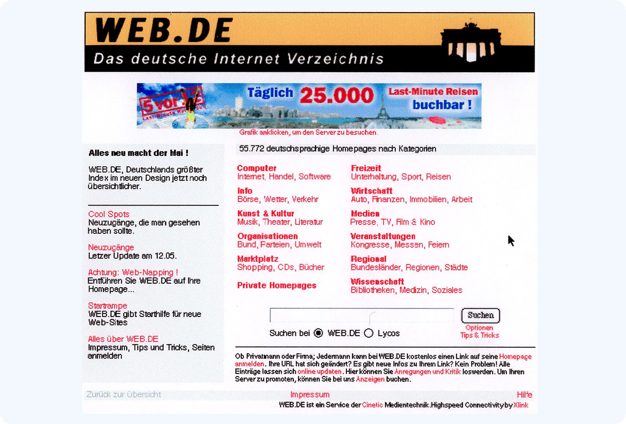 Bildschirmfoto von WEB.DE - Das deutsche Internet Verzeichnis im Jahre 1995 in den Farben Orange Schwarz