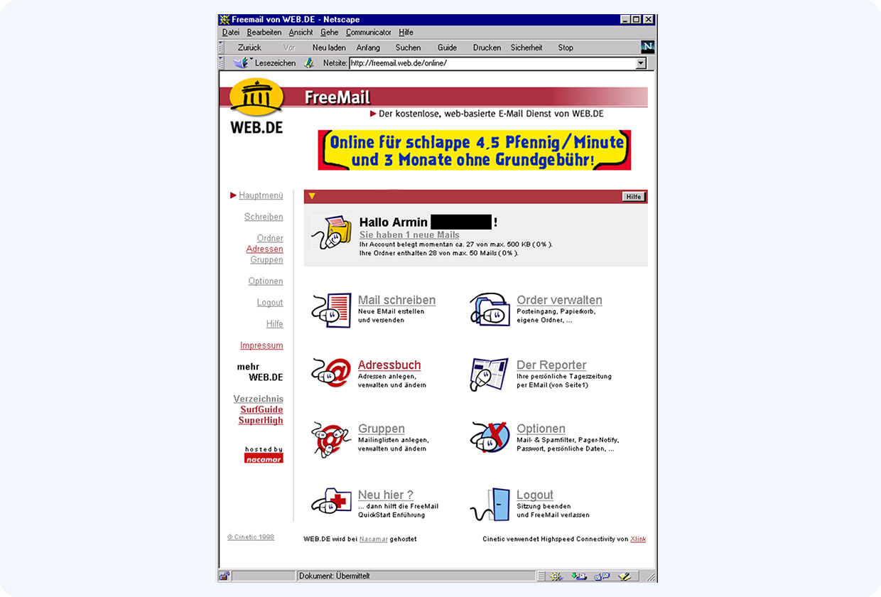 Bildschirmfoto der WEB.DE FreeMail Homepage von 1998.