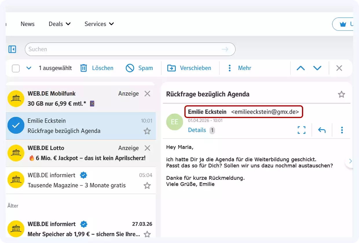 Geöffnete E-Mail im WEB.DE Postfach: Rechts neben dem Absendernamen steht die E-Mail-Adresse - beides ist farblich hervorgehoben