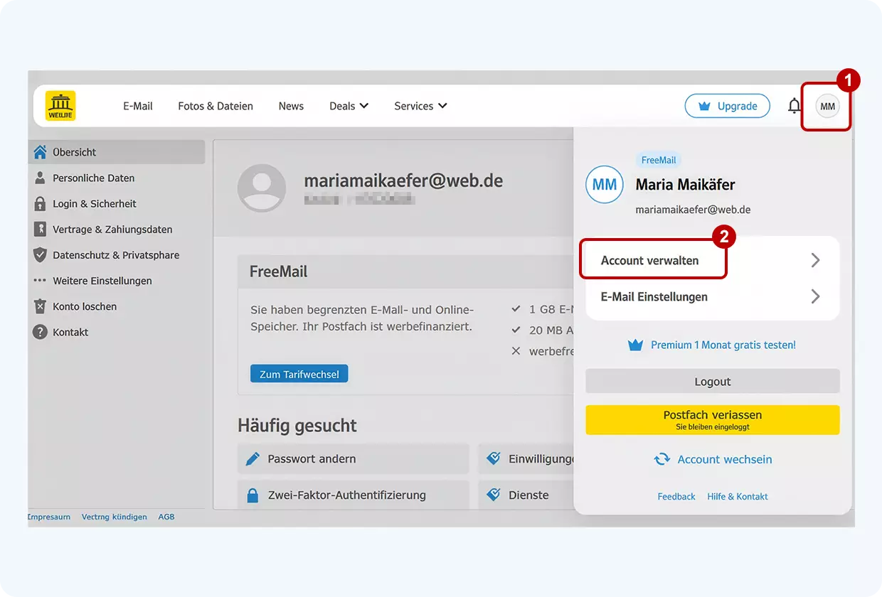 Screenshot vom WEB.DE Postfach: Die Initialen oben rechts sowie der Menüpunkt "Account verwalten" sind rot markiert