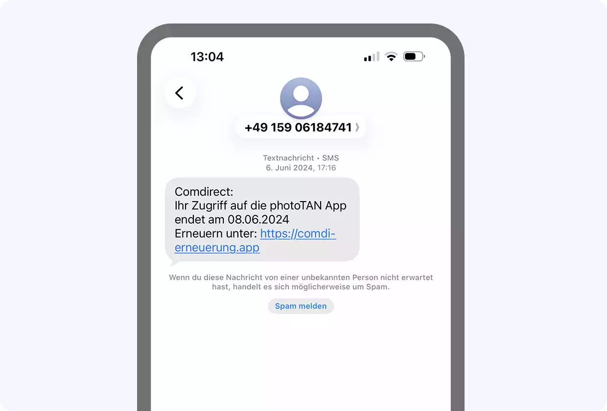 Eine SMS, angeblich von comdirect, fordert dazu auf, eine PhotoTAN zu erneuern.