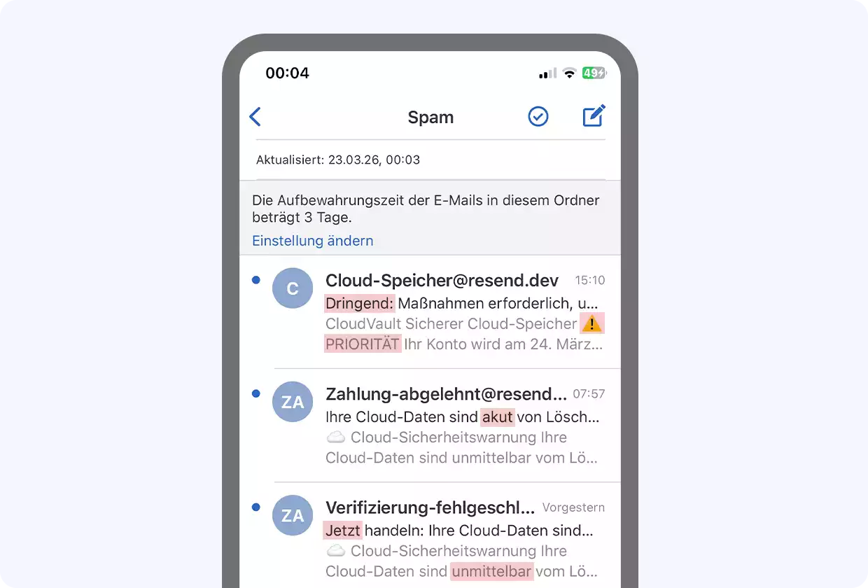 Wenn eine E-Mail einmal in einem Datenleck gelandet ist, werden solche Phishing-Nachrichten massenhaft ins Postfach gespült.