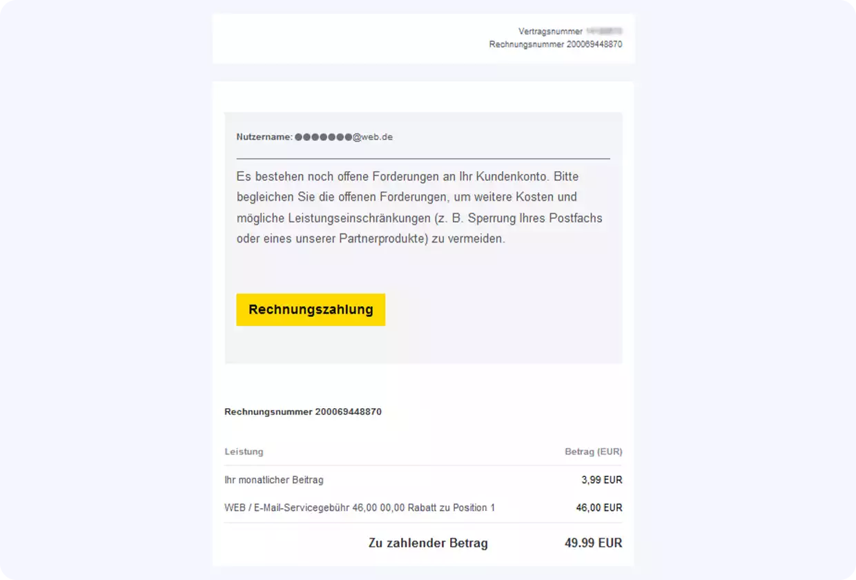 Eine angeblich von WEB.DE ausgestellte Rechnung verlangt, dass sie über einen Link beglichen wird.